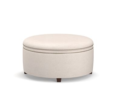 Tamsen Upholstered Round Storage Ottoman, Premium Performance Awning Stripe Light Gray/Ivory - Image 3