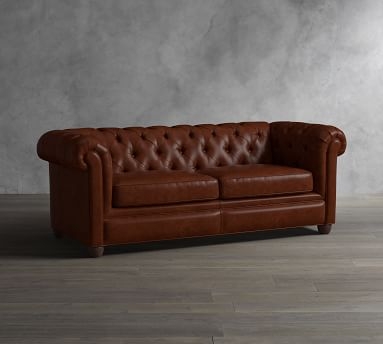 Chesterfield Roll Arm Leather Sofa 86", Polyester Wrapped Cushions, Nubuck Fawn - Image 2