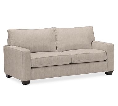 PB Comfort Square Arm Upholstered Sofa 76.5", Box Edge, Memory Foam Cushions, Sunbrella(R) Performance Sahara Weave Mushroom - Image 0