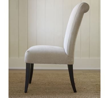PB Comfort Roll Upholstered Dining Armchair, Performance Heathered Tweed Pebble, Espresso Leg - Image 3