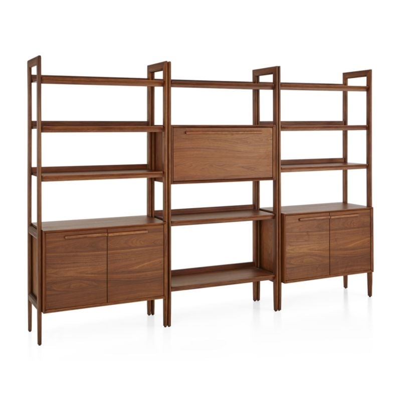 Tate Walnut Bookcase Bar Cabinet with 2 Bookcase Cabinets - Image 2