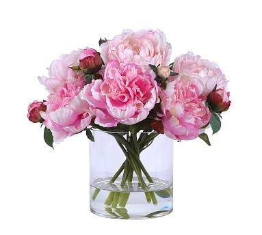 Faux Pink Peonies In Glass Vase, 13" - Image 0
