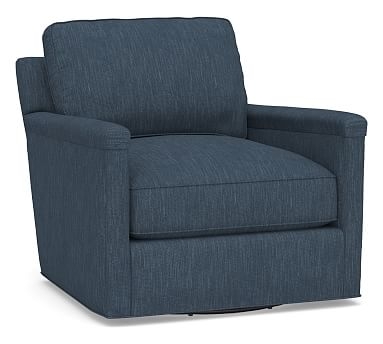 Tyler Square Arm Upholstered Swivel Armchair, Down Blend Wrapped Cushions, Performance Heathered Tweed Indigo - Image 0