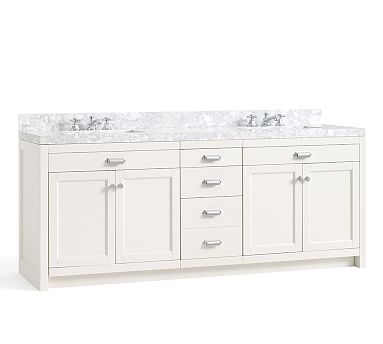 Davis Double Sink Vanity with Drawers, Almond White with Carrara Marble - Image 0