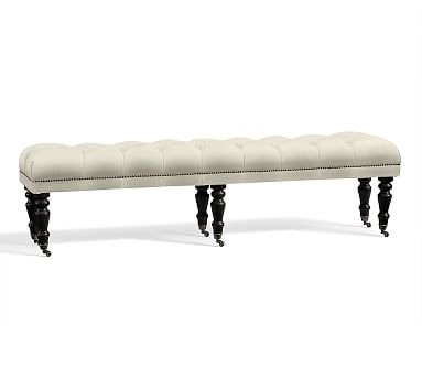 Raleigh Upholstered Tufted King Bench with Turned Black Legs & Bronze Nailheads, Premium Performance Basketweave Ivory - Image 0