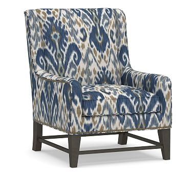 Berkeley Upholstered Armchair, Polyester Wrapped Cushions, Ikat Geo Blue - Image 0