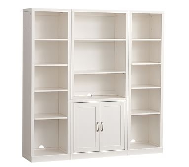 Preston 2 Bookcase Towers, 1 Bookcase Hutch, & 1 Cabinet Base, Simply White, UPS - Image 0