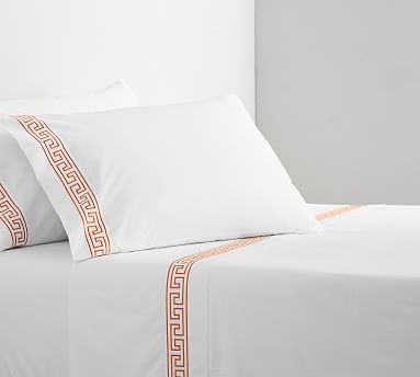 Geo Embroidered Organic Sheet Set, Queen, Coral - Image 0