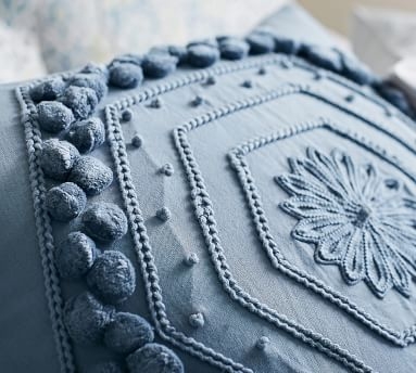 Pom Pom Embroidered Pillow Cover, 20", Porcelain Blue - Image 4