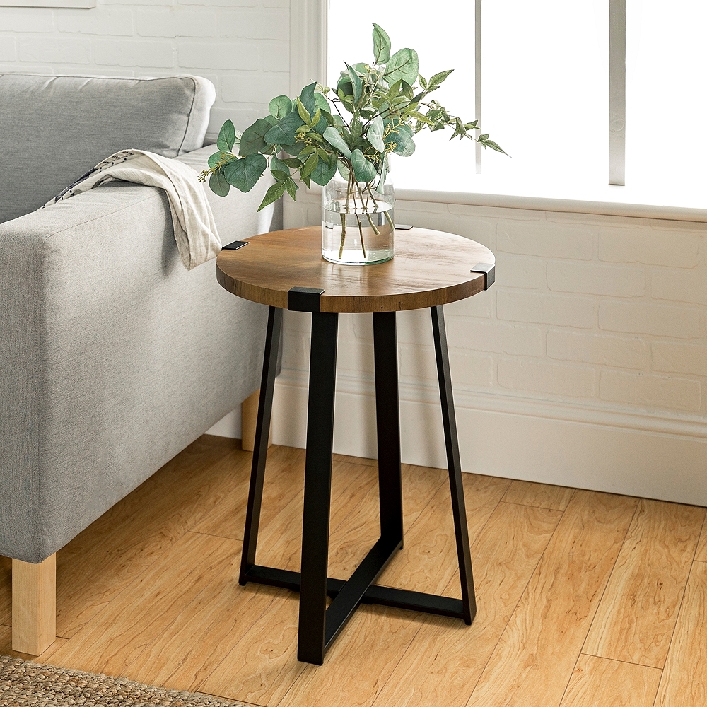 Metal Wrap Round Side Table with Rustic Oak Top - Style # 64J64 - Image 0
