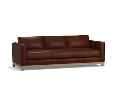 Jake Leather Sofa 95.5" with Wood Legs, Polyester Wrapped Cushions, Vintage Caramel - Image 1