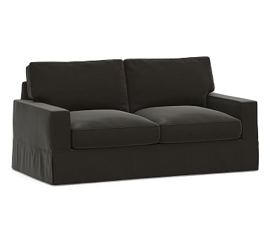 PB Comfort Square Arm Slipcovered Sofa 76.5", Box Edge, Memory Foam Cushions, Performance Everydayvelvet(TM) Smoke - Image 0