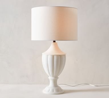 Noah Trophy Table Lamp, Faux Alabaster Base With Medium Gallery Straight Sided Linen Drum Shade, White - Image 2