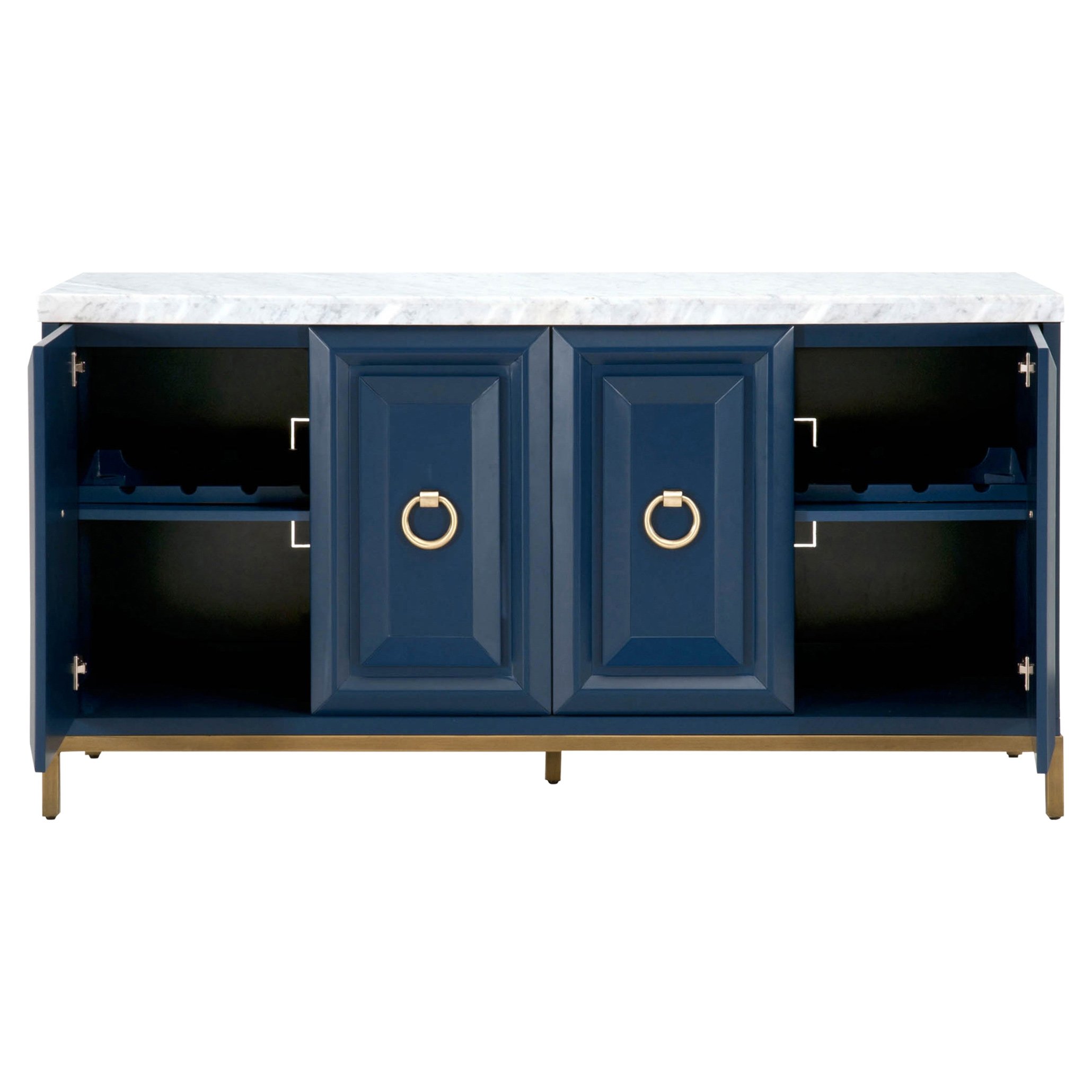 Avril Modern Classic 4-Door Brushed Gold  White Marble Top Blue Media Sideboard - Image 1