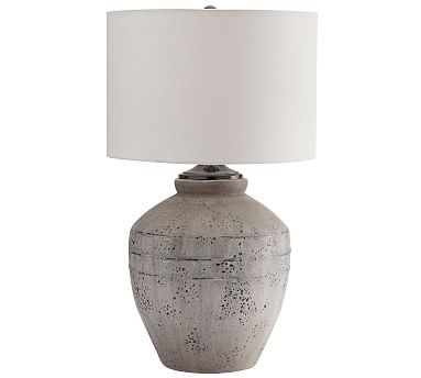 Maddox Trophy Table Lamp, Rustic Gray Base With Medium Gallery Straight Sided Linen Drum Shade, White - Image 0