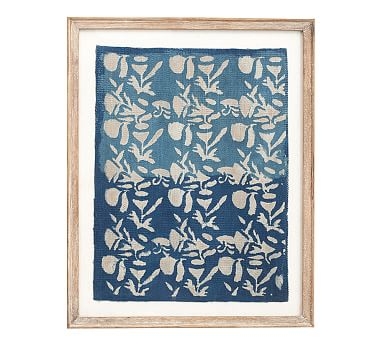 Framed Blue Textile Art, Floral Pattern - Image 0