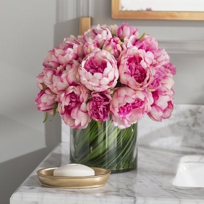 Faux Magenta & Pink Peony Floral Arrangement in Glass Vase - Image 0