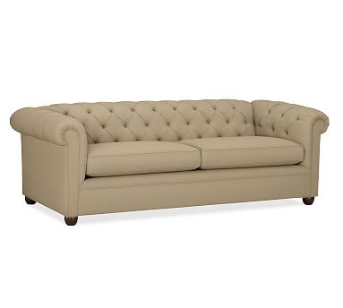Chesterfield Roll Arm Upholstered Grand Sofa 98", Polyester Wrapped Cushions, Performance Everydaysuede(TM) Light Wheat - Image 0