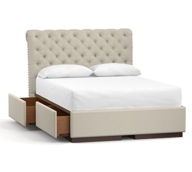 Chesterfield Upholstered Headboard and Side Storage Platform Bed with Bronze Nailheads, Queen, Performance Everydaylinen(TM) Ivory - Image 3
