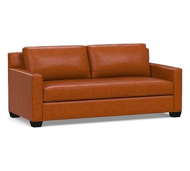 York Square Arm Leather Sofa 80" with Bench Cushion, Polyester Wrapped Cushions, Legacy Dark Caramel - Image 0