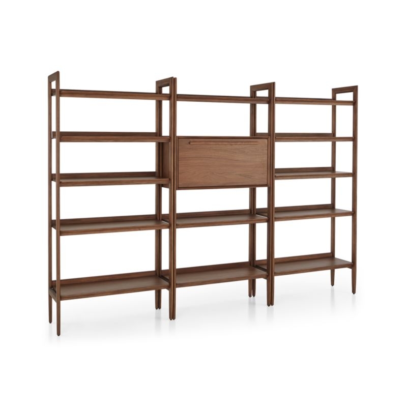 Tate Walnut Bookcase Bar Cabinet with 2 Wide Bookcases - Image 2