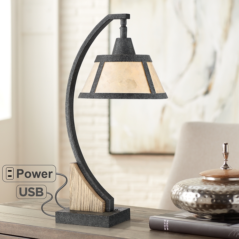 Oak River Gray Wash Desk Lamp with USB Port and Power Outlet - Style # 72W08 - Image 0