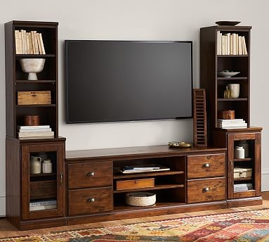 Printers Medium TV Stand Suite with Towers &amp; Bridge (1 Large TV Stand, 2 Glass Door Peds, 2 Bookcase Hutches, 2 Single Top, 1 Bridge), Tuscan Chestnut - Image 0