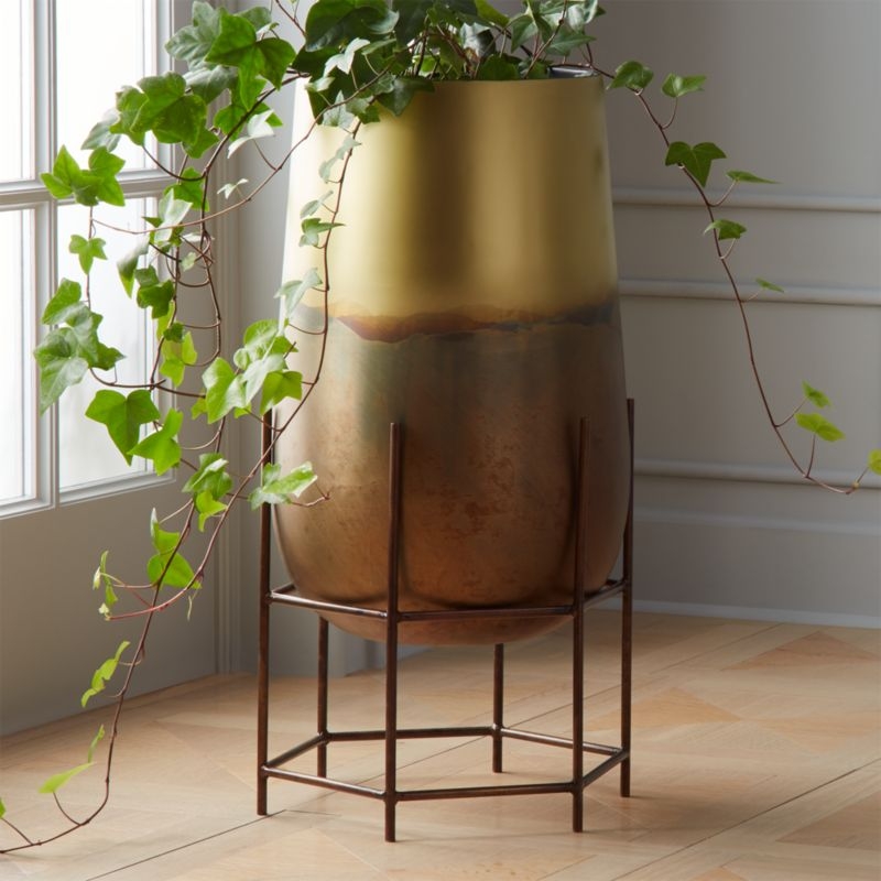 Strata Patinaed Brass Planter on Stand - Image 3