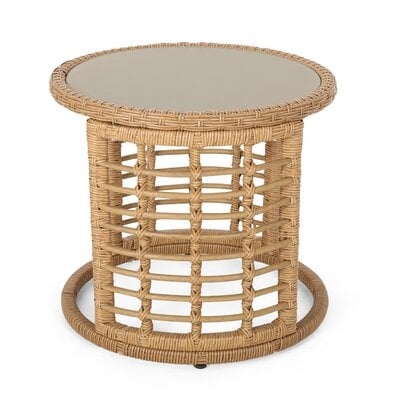 Coelho Lampman Outdoor Modern Boho Wicker Side Table with Tempered Glass Top - Image 0