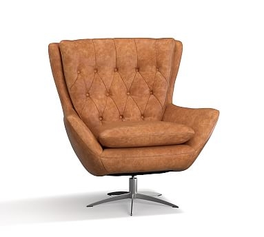 Wells Leather Swivel Armchair with Brushed Nickel Base, Polyester Wrapped Cushions, Leather Statesville Caramel - Image 2