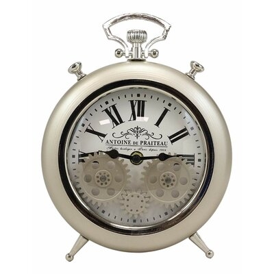 Ebros Antoine De Praiteau Steampunk Mechanical Moving Gears Old Fashioned European Vintage Pocket Watch Style Table Clock Victorian Industrial Accent Clockwork Clocks (Brushed Silver Champagne) - Image 0