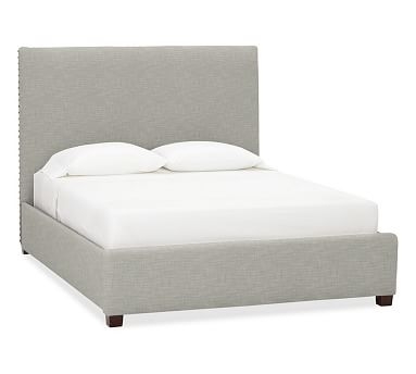 Raleigh Square Upholstered Bed with Bronze Nailheads, Full, Tall Headboard 53"h, Premium Performance Basketweave Light Gray - Image 2