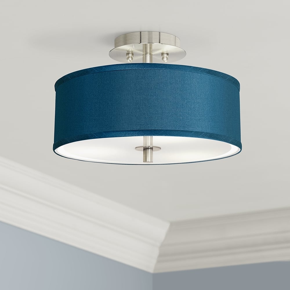Possini Euro Blue Faux Silk 14" Wide Modern Nickel Ceiling Light - Image 0