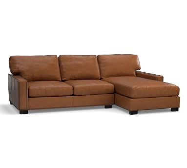 Turner Square Arm Leather Left Arm Loveseat with Chaise Sectional and Nailheads, Down Blend Wrapped Cushions, Signature Maple - Image 0