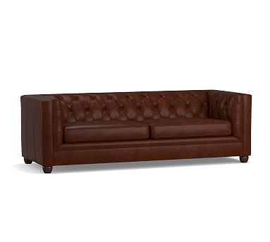 Chesterfield Square Arm Leather Sofa 86", Polyester Wrapped Cushions, Burnished Bourbon - Image 0
