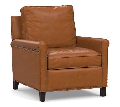 Tyler Roll Arm Leather Power Recliner with Nailheads, Down Blend Wrapped Cushions, Signature Maple - Image 0