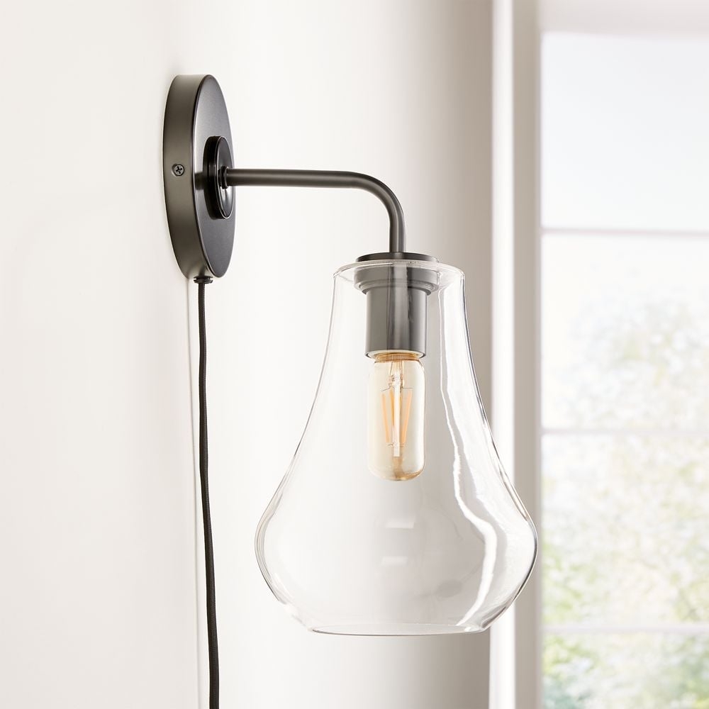 Arren Black Plug In Wall Sconce Light with Clear Teardrop Shade - Image 0