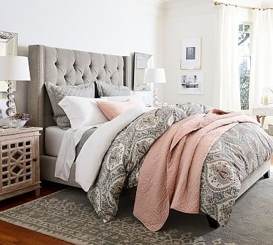 Harper Upholstered Tufted Tall Bed Without Nailheads, King, Basketweave Slub Ivory - Image 3