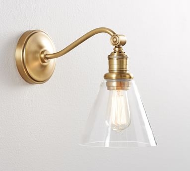 Custom Flared Glass Hood & Brass Curved Arm Sconce, Clear - Image 0