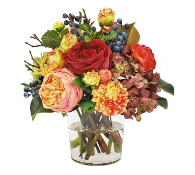 Faux Mixed Fall Hydrangea and Rose in Cylinder Vase - Image 0