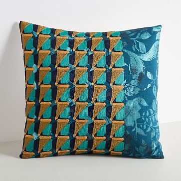 Embroidered Geo Floral Pillow Cover, Blue Slate, 18"x18" - Image 0
