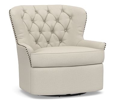 Cardiff Tufted Upholstered Swivel Armchair with Nailheads, Polyester Wrapped Cushions, Sunbrella(R) Performance Slub Tweed Pebble - Image 2