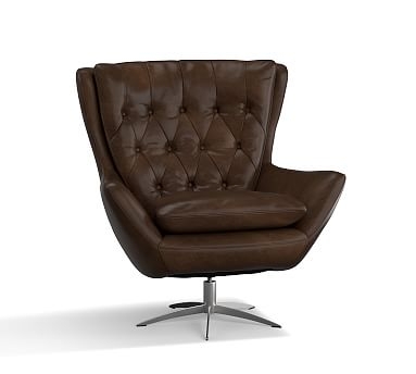 Wells Leather Swivel Armchair with Brushed Nickel Base, Polyester Wrapped Cushions, Leather Vintage Cocoa - Image 0