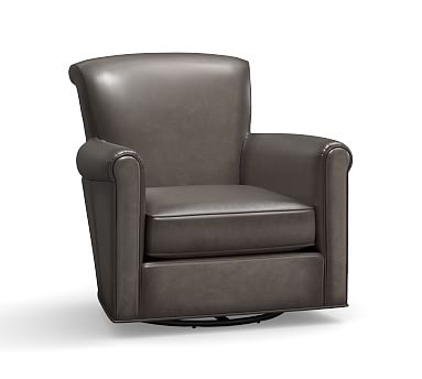 Irving Roll Arm Leather Swivel Glider, Polyester Wrapped Cushions, Leather Burnished Wolf Gray - Image 2