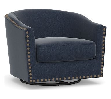 Harlow Upholstered Swivel Armchair, Polyester Wrapped Cushions, Sunbrella(R) Performance Chenille Indigo - Image 2