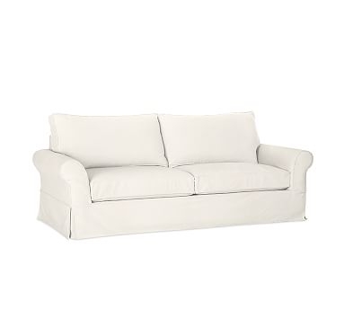 PB Comfort Roll Arm Slipcovered Sofa 82", 2X2, Box Edge, Down Blend Wrapped Cushions, Denim Warm White - Image 0