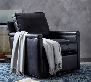 Tyler Leather Square Arm Swivel Armchair with Bronze Nailheads, Down Blend Wrapped Cushions, Signature Whiskey - Image 1