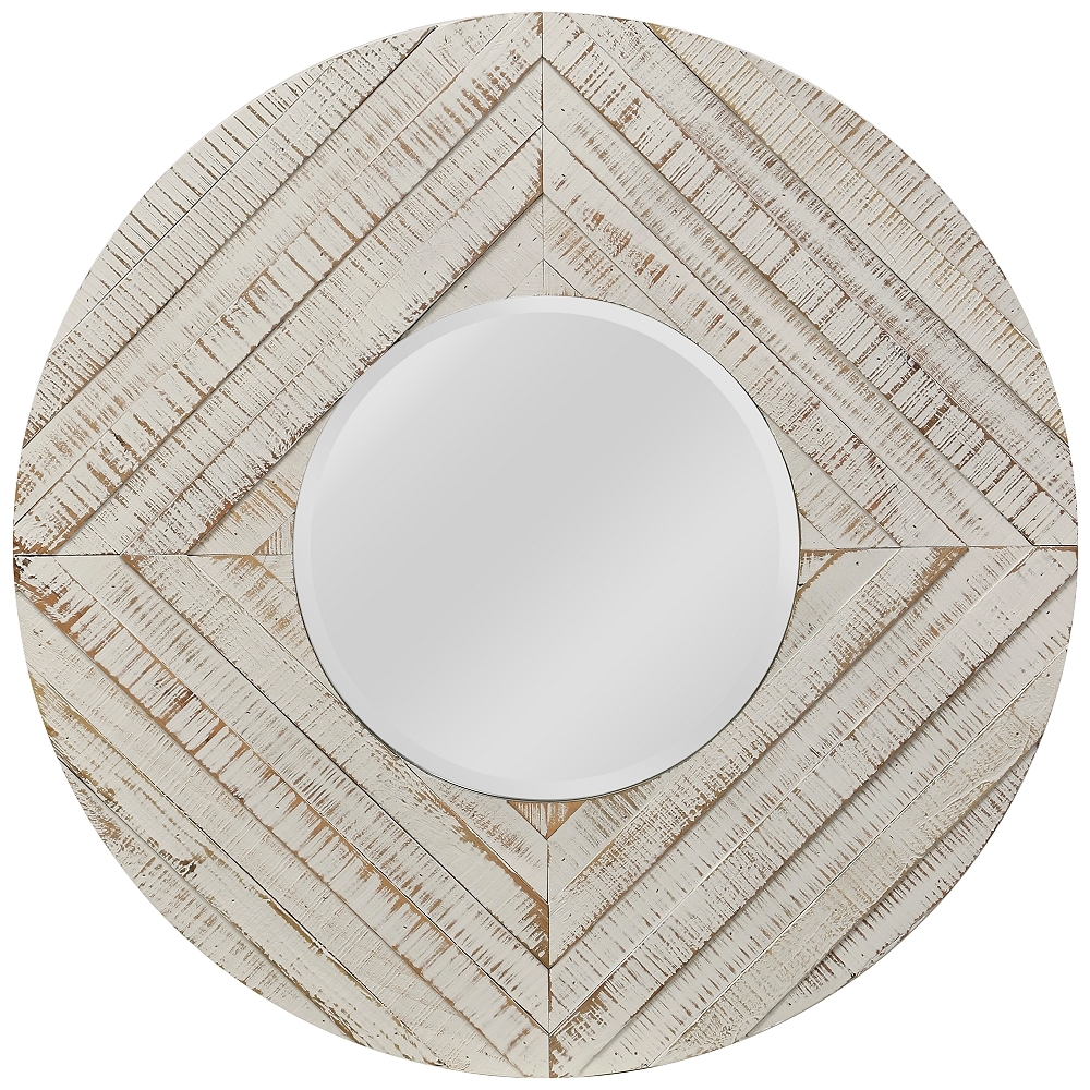 Whitewash Natural Wood 36" Round Wall Mirror - Style # 61F20 - Image 0