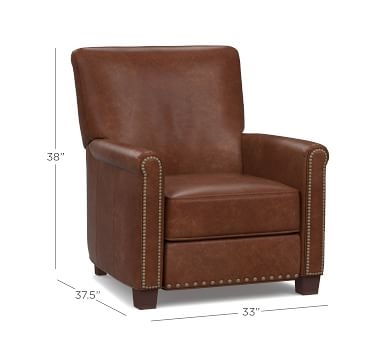 Irving Roll Arm Leather Recliner with Nailheads, Polyester Wrapped Cushions, Leather Legacy Chocolate - Image 3