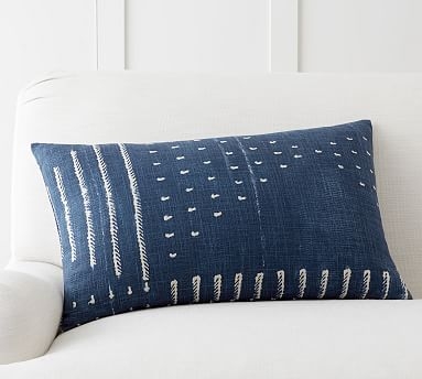 Shibori Embroidered Lumbar Pillow Cover, 16x26", Indigo - Image 0